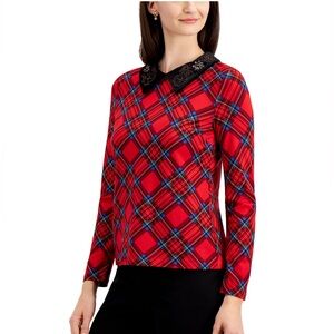 Charter Club New Velvet Embellished Collar Red Plaid Top Size Large